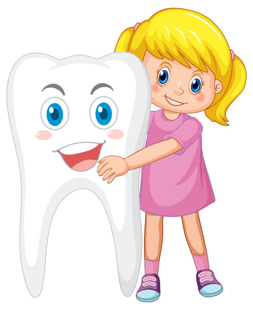 快乐的孩子抱着一个大牙齿在白色的背景图片下载