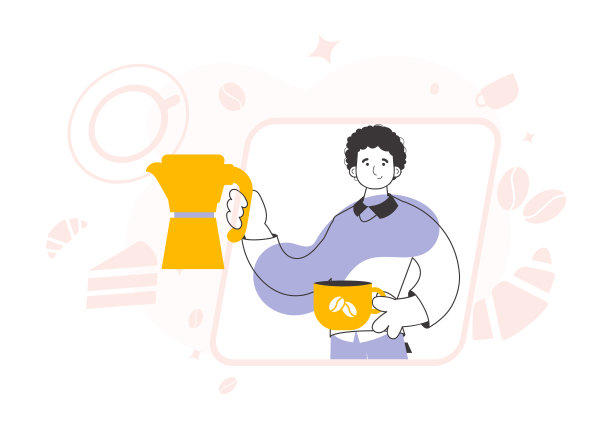 男人端上咖啡。线的艺术风格。向量。图片下载