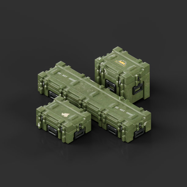 军用塑料板条箱。弹药和军用物品箱，3d渲染图片下载