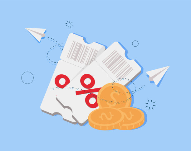 用硬币呈现带有百分比符号的折扣券。凭证卡现金回模板设计与优惠券代码。图片下载