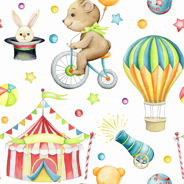 气球，熊，自行车，帐篷，兔子。水彩无缝图案，卡通风格，孤立背景。图片下载