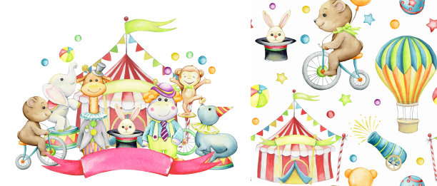 可爱，可爱，动物，帐篷，库存，水彩集，制成无缝的图案和概念，在一个孤立的背景。图片下载