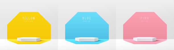 一套白色逼真的三维六边形基座平台与粉彩黄色，蓝色和粉红色的半六边形背景。抽象矢量渲染几何平台。产品显示演示。最小的场景。图片下载