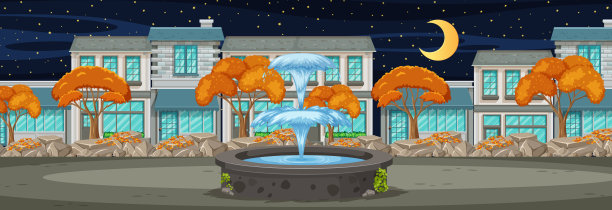 许多建筑物沿着街道水平的景象在晚上的时候图片下载