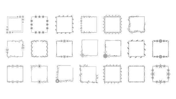 设置黑色简单线条框架集合涂鸦方形花卉框架元素向量设计风格素描横幅孤立插图图片下载