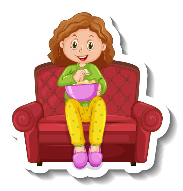 有个女孩坐在沙发上的贴纸模板图片下载