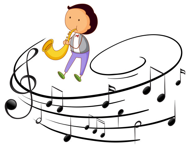 涂鸦卡通人物，一个人玩萨克斯与音乐旋律符号图片下载