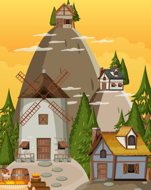 带有风车和房屋的中世纪村庄景色图片下载