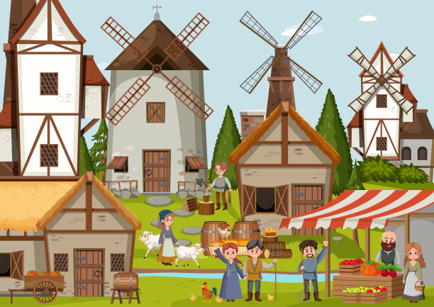 与村民一起的中世纪小镇场景图片下载