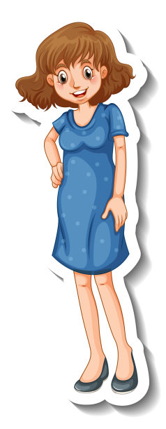 贴纸模板上有一个穿着蓝色裙子的女人站姿图片下载