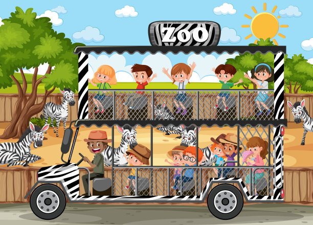 孩子们在观光车上观看斑马群的狩猎场景图片下载