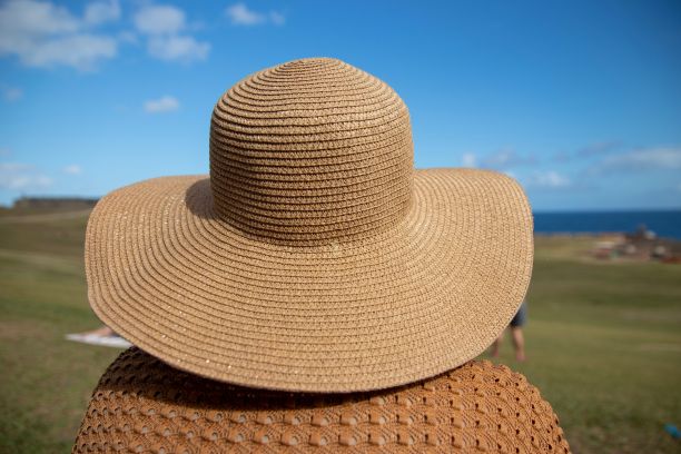 时尚的夏季草帽，模糊的背景，绿色的田野和蓝天与云图片下载