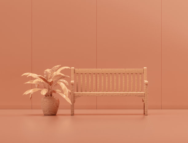 单色室内的木制公园长凳和植物，3d渲染图片下载