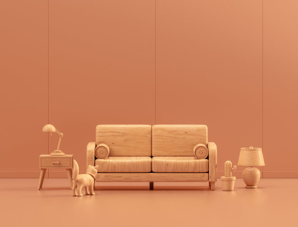 木制室内房间，单色房间，沙发，3d渲染图片下载