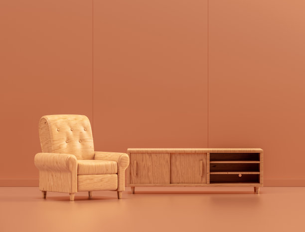 单色房间的木制电视架和沙发，3d渲染图片下载