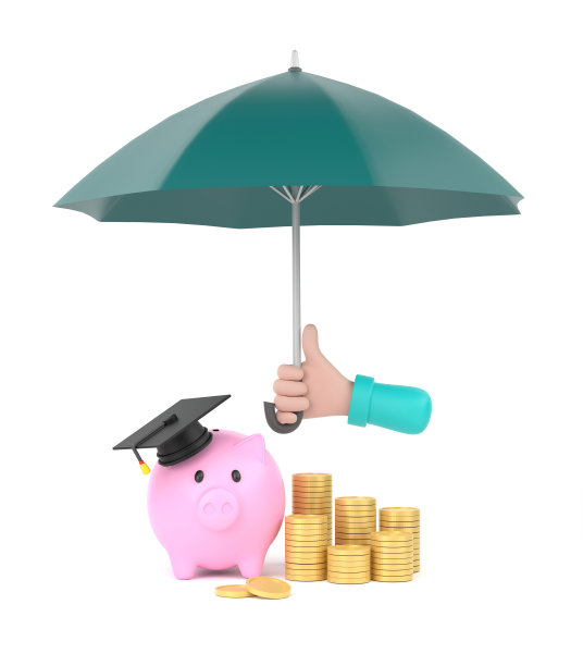 卡通手拿绿伞保护存钱罐和钱。教育计划的概念。图片下载