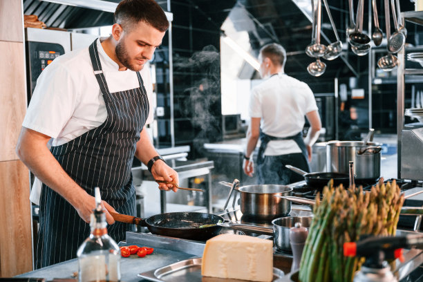 煎肉。厨房工作人员正在一起准备食物图片下载