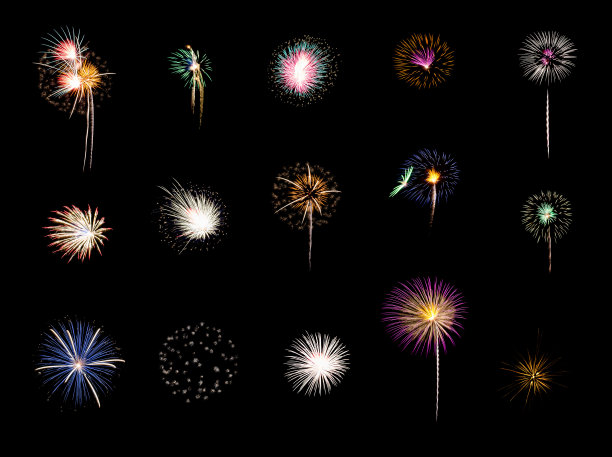 各种彩色烟花孤立在黑色背景图片下载