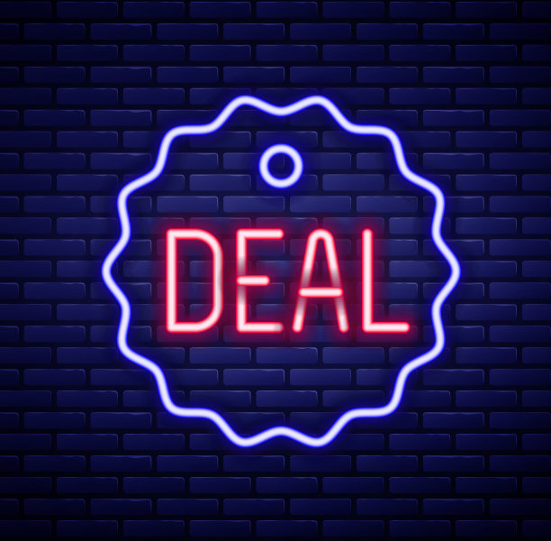 发光的霓虹灯线交易图标孤立在砖墙图片下载