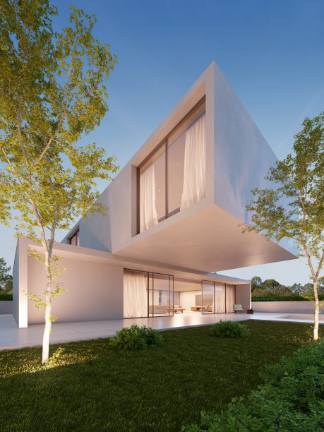 3d渲染现代豪华住宅，配有游泳池和大理石露台在夜间。图片下载