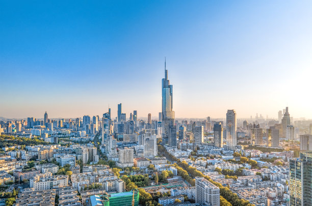 南京商业区和紫丰大厦的航拍，中国江苏省图片下载