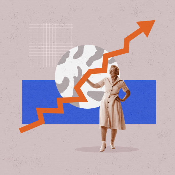 退休储蓄。概念艺术拼贴与快乐的高级妇女持有大橙色箭头显示向上的方向。商业、金融、存款和收入。图片下载