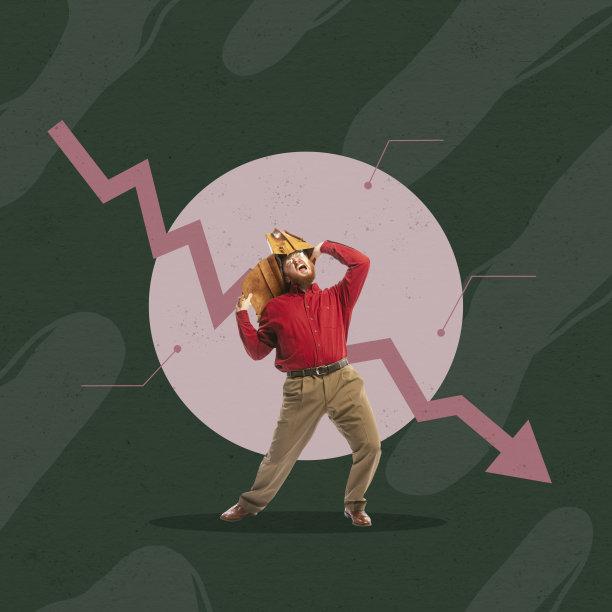 年轻人身边巨大的粉色箭头，表明汇率下降，人口生活水平下降。全球金融危机问题图片下载