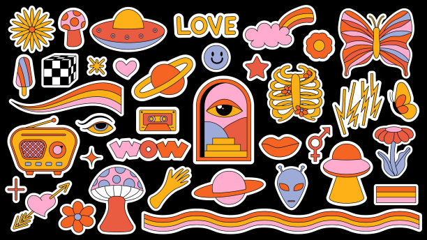 一套嬉皮士复古酷炫的迷幻元素图片下载