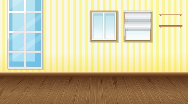 房间空着，地板是镶木地板，壁纸是黄色的图片下载