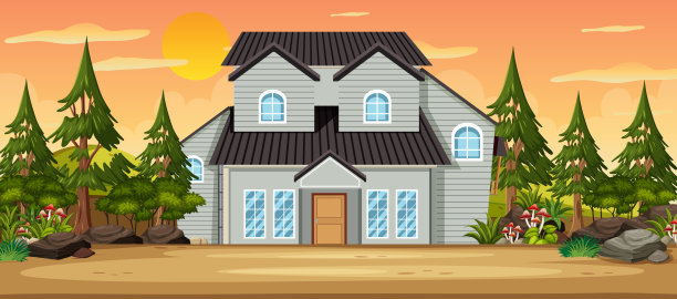 场景中有一座被树木环绕的大房子图片下载