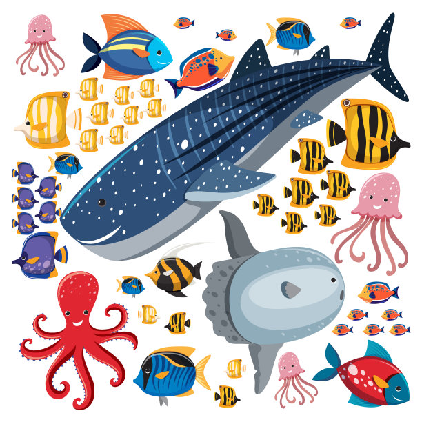 卡通海洋生物无缝图案与海洋动物的角色图片下载