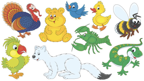 向量卡通集的火鸡，仓鼠，鹦鹉，麻雀，小鸭，小龙虾，卑微的蜜蜂，蜥蜴和貂图片下载