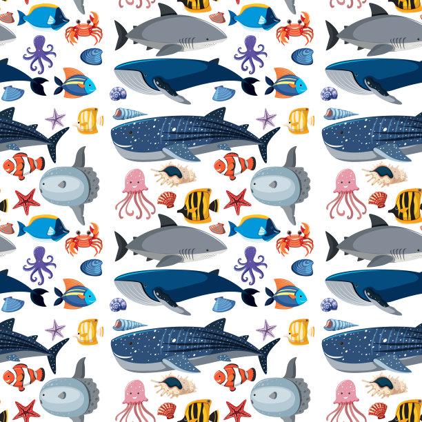 卡通海洋生物与海洋动物无缝图案图片下载