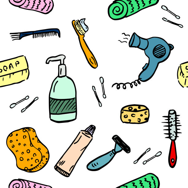 浴室是白色的。洗、浴，洁净度无缝图案。涂鸦卡通风格的背景。图片下载