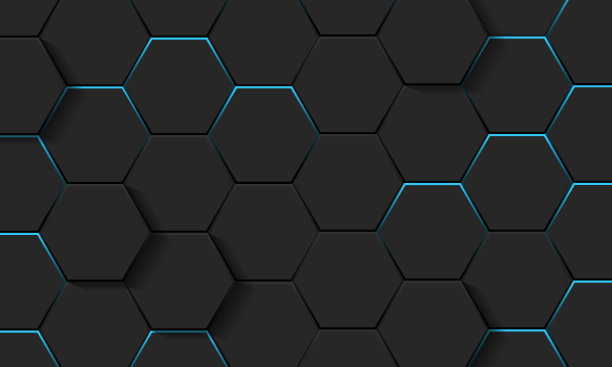 黑色未来背景六边形蜂巢和蓝色辉光图片下载