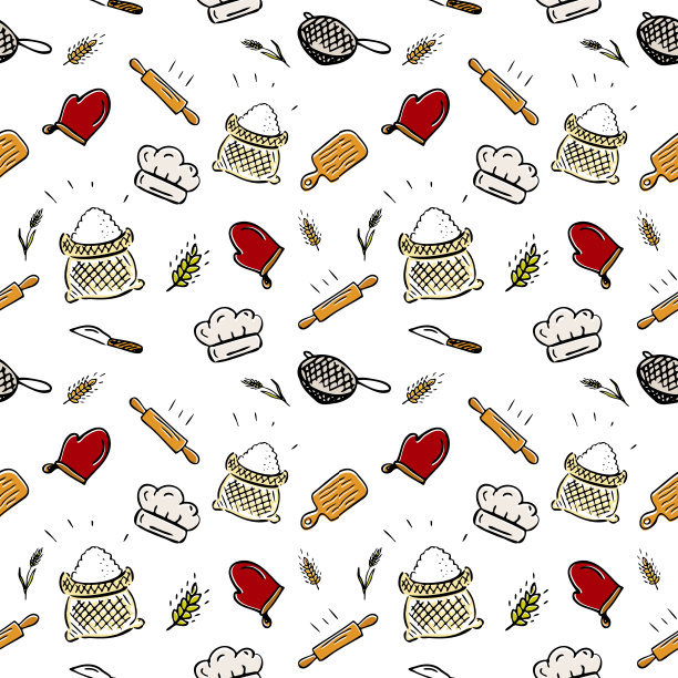 厨房烘焙用具无缝图案。所有的烘焙。面包店和杂货店的图片。健康食品。图片下载