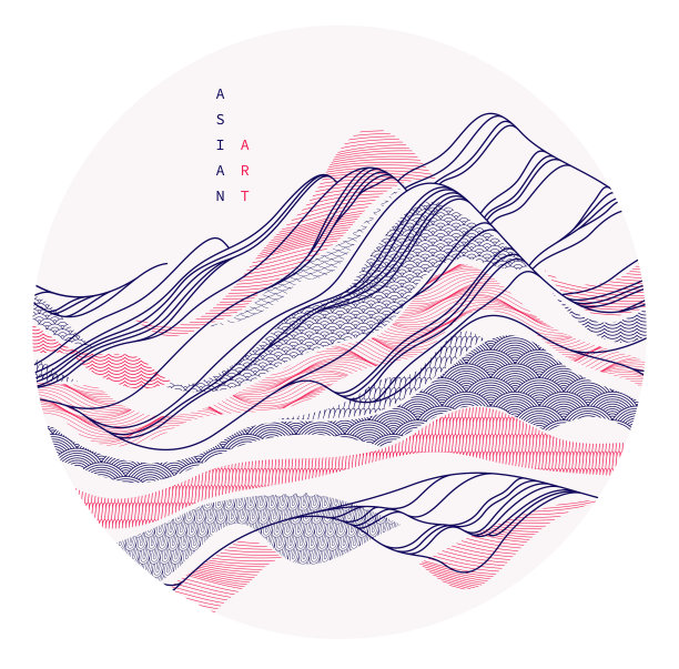 东方日本风格矢量抽象插图在一个圆圈的形状，背景在亚洲传统风格，波浪形状和山脉地形，像海洋线条。图片下载