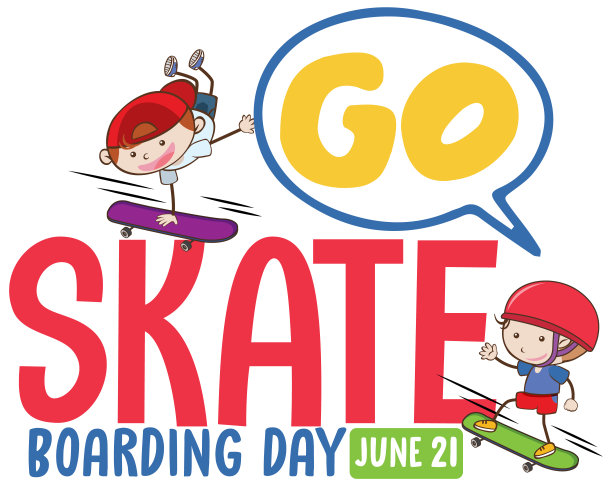 去滑板日横幅与儿童滑板卡通人物图片下载