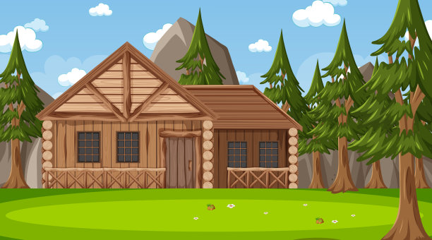 在自然风景中的木屋前图片下载