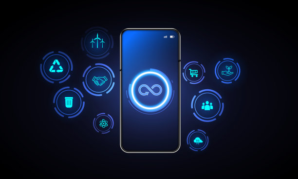 手机ESG图标概念在手中的环境，社会和治理可持续和道德的商业网络连接在蓝色的背景。图片下载