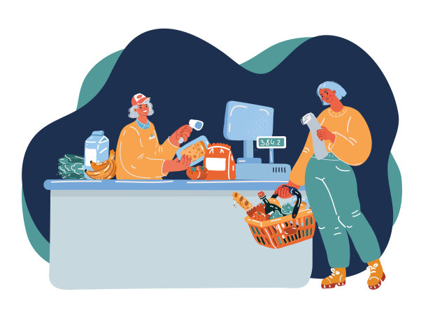 卡通矢量插图的女人在超市购物。拿着篮子的顾客在收银台等待付款。零售，购买食品杂货店的概念在黑暗的背景图片下载