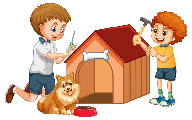 爸爸和儿子一起盖狗屋图片下载