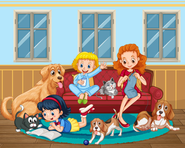 妈妈和女儿带着许多狗在房间里的场景图片下载