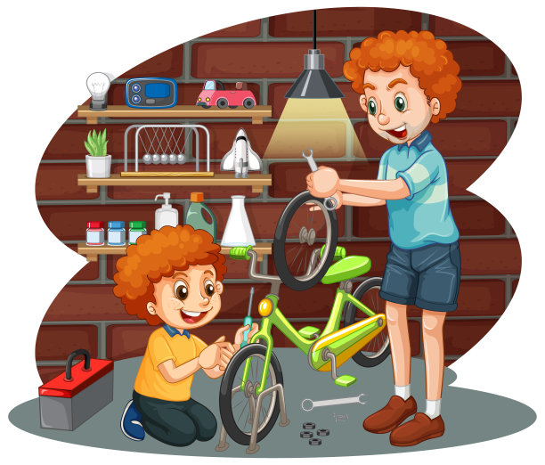 爸爸和儿子一起修理自行车图片下载