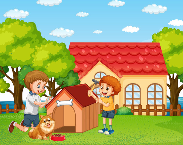 爸爸和儿子一起盖狗屋图片下载