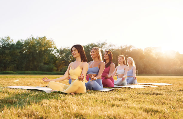 莲花坐姿。一群妇女在户外运动场上一起健身图片下载