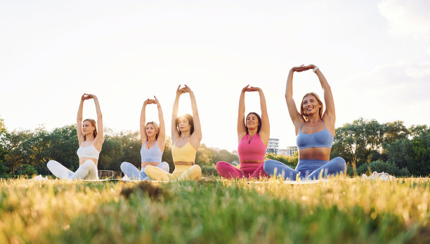 做瑜伽。一群妇女在户外运动场上一起健身图片下载