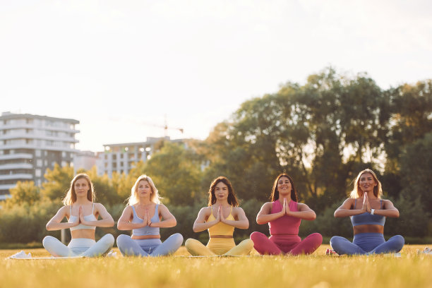 莲花。一群妇女在户外运动场上一起健身图片下载