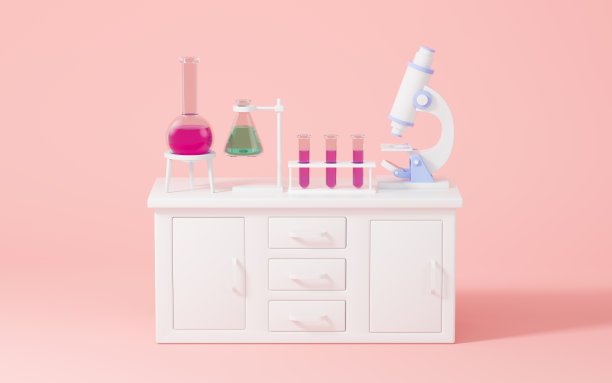 实验台上的实验设备以粉红色为背景，3d渲染。图片下载