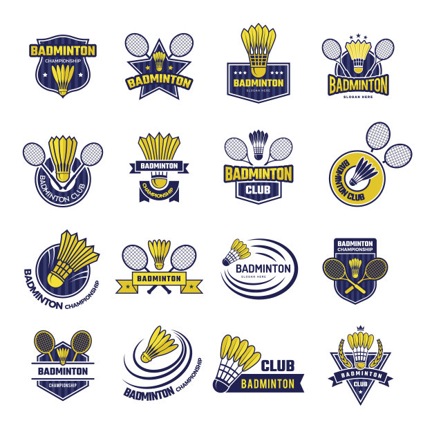 羽毛球徽章。运动比赛荷叶边和球拍最近矢量彩色模板与文本的地方图片下载